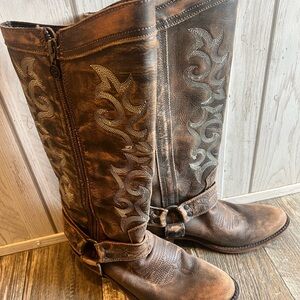 LIBERTY Black Brown Heeled Boots with Silver Embroidery